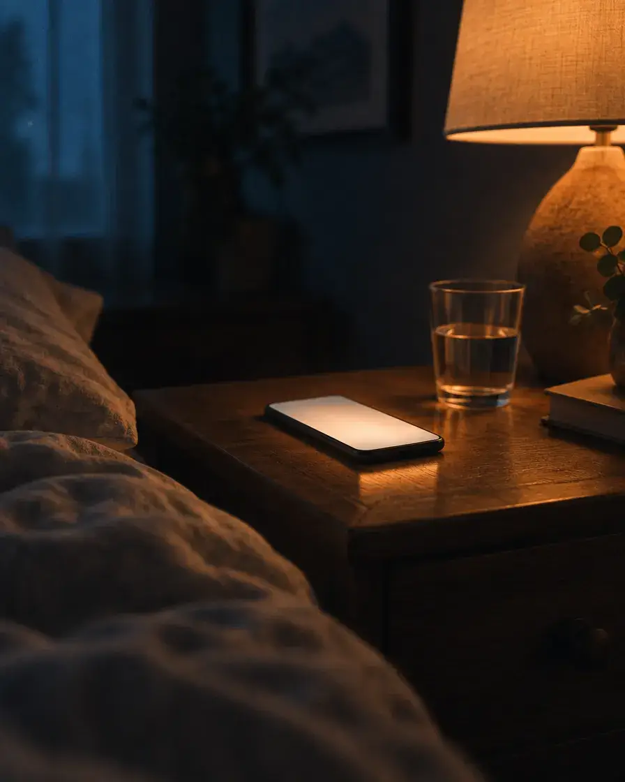 A phone glowing on a nightstand late at night