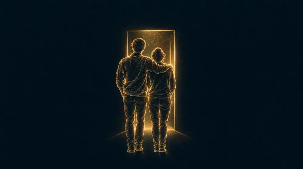 Gold line drawing of one person supporting another