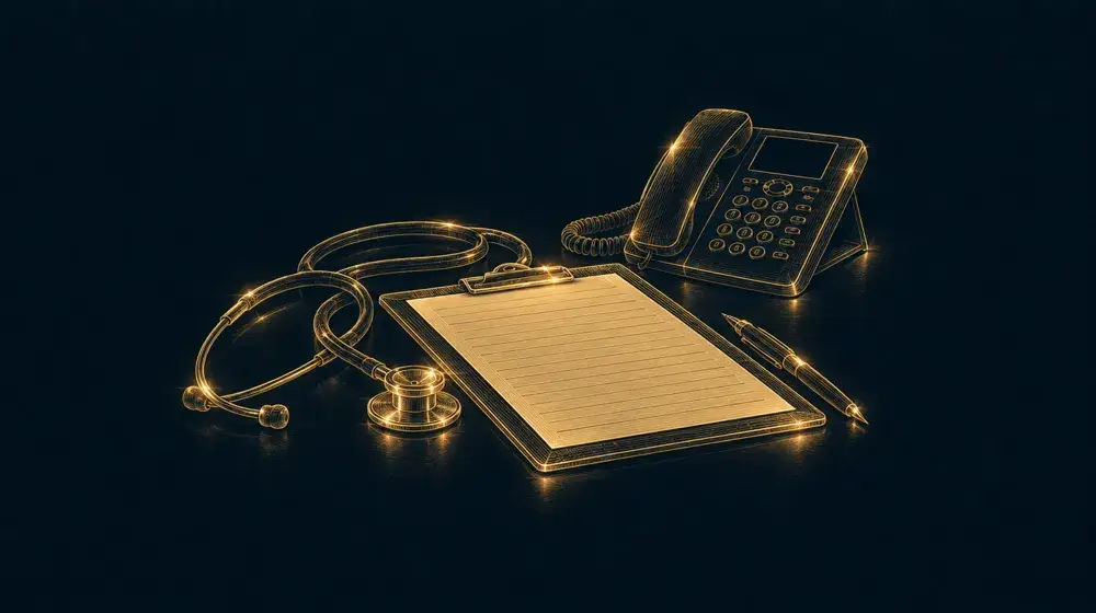 Gold line drawing of a clinician's desk with a clipboard and phone