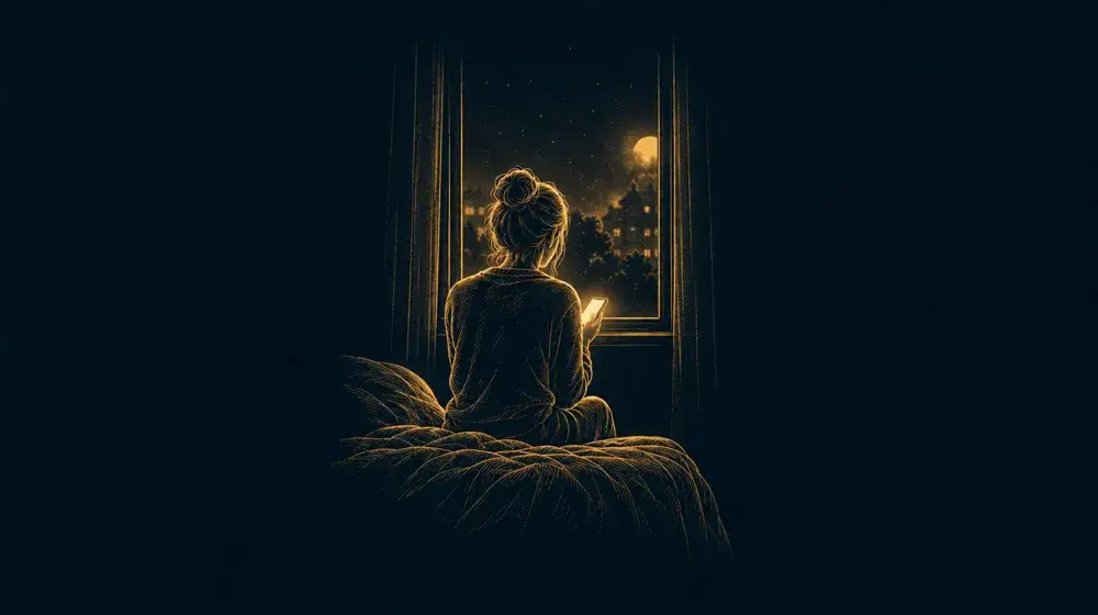 Gold line drawing of a person at a window holding a phone