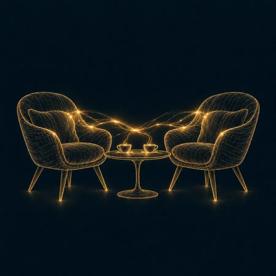Gold line drawing of two chairs facing each other with coffee cups