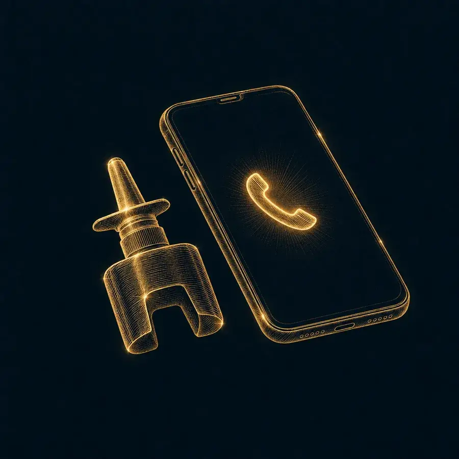 Gold line drawing of a nasal spray and a phone