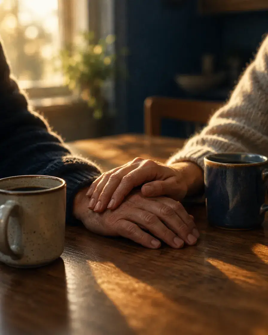 One person resting a hand on another's at a kitchen table