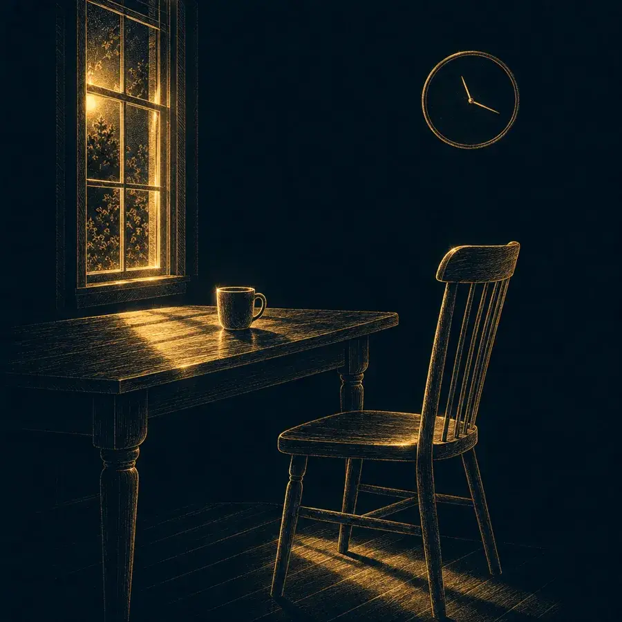 Gold line drawing of a kitchen table at night with an empty chair