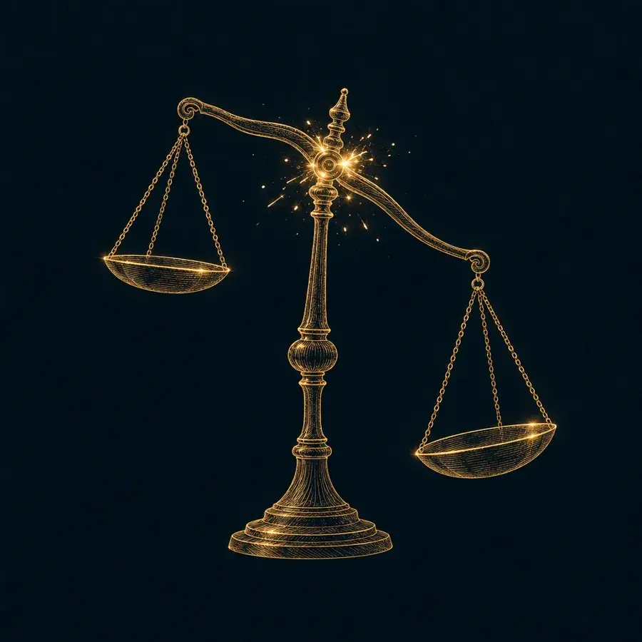 Gold line drawing of a balance scale tipped to one side