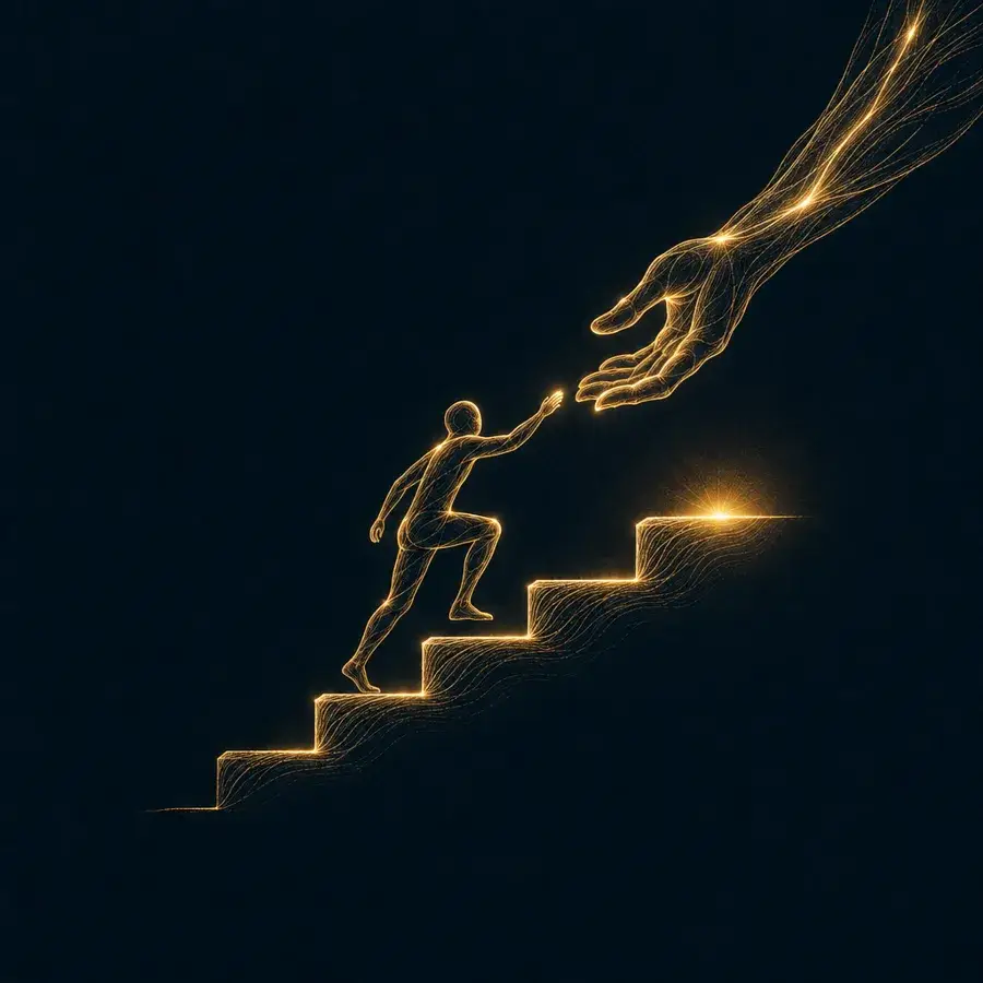 Gold line drawing of a person climbing steps with a hand reaching down to help