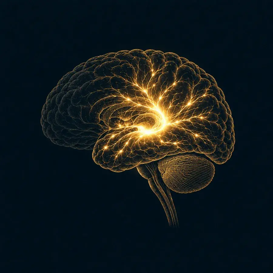 Gold line drawing of a brain with a bright reward pathway and a dim front brain